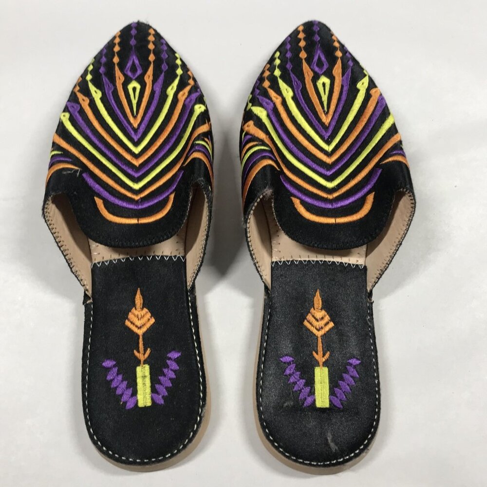 Moroccan Artizana Shoes Womens Size 10 Black Embroidered Mule Pointed Toe
